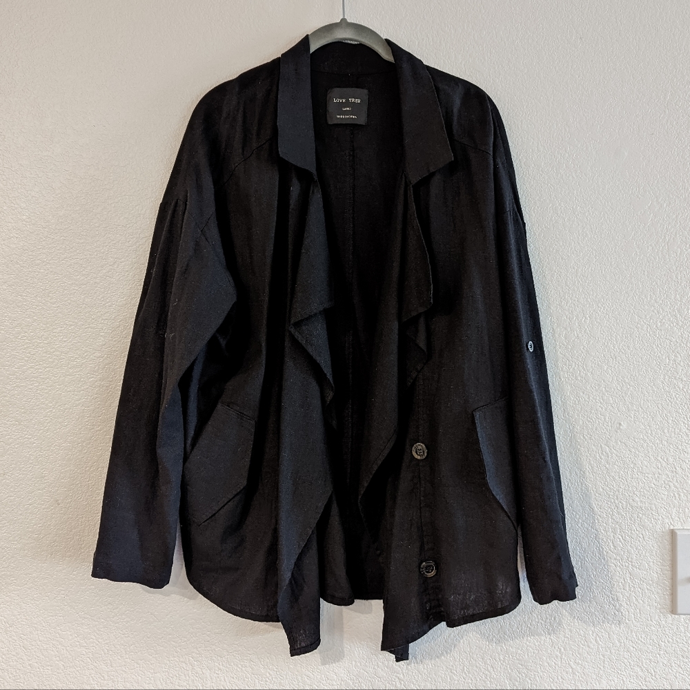Love Tree | NWOT Linen Blend Waterfall Cardigan/Shacket - Black, Size Large